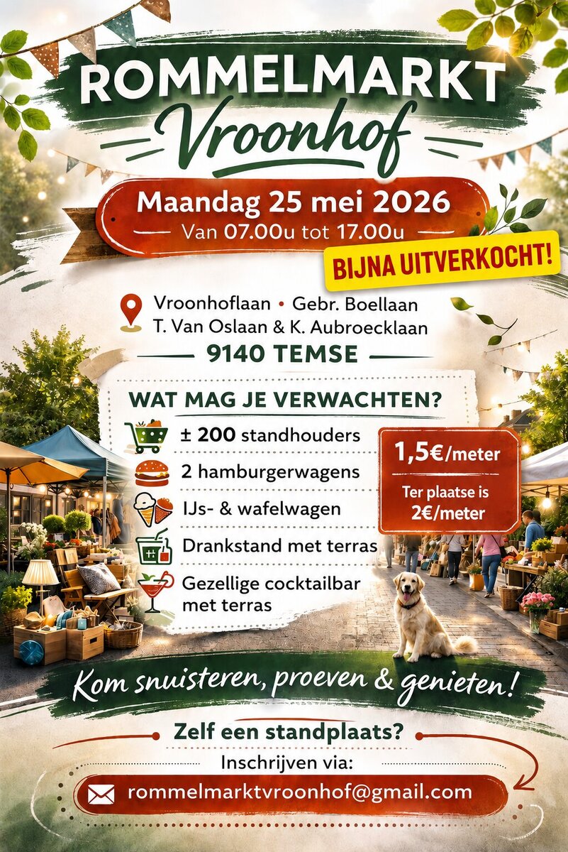 Rommelmarkt Vroonhof Temse op 25 mei 2026