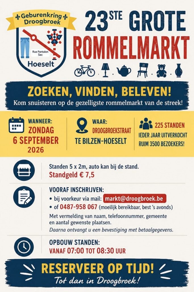 Grote Rommelmarkt Droogbroekstraat in Hoeselt – 6 september 2026